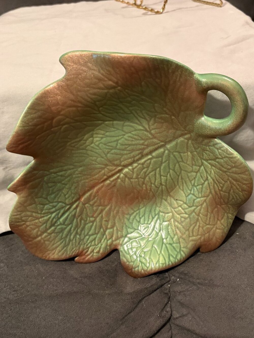 VTG 1984 Byron Molds Majolica Ivy Leaf Dish-Green & Rose Gold-9" X 8"-Signed-GUC